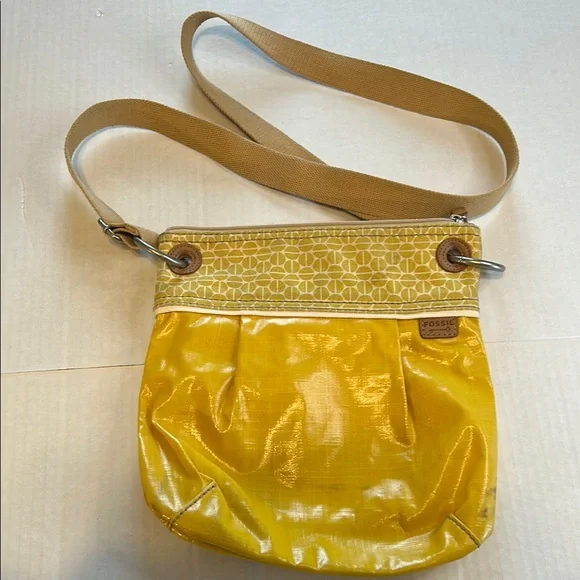 Fossil Womens Key-Per Boho Fabric Strap Yellow Vinyl Crossbody Purse - Picture 1 of 11